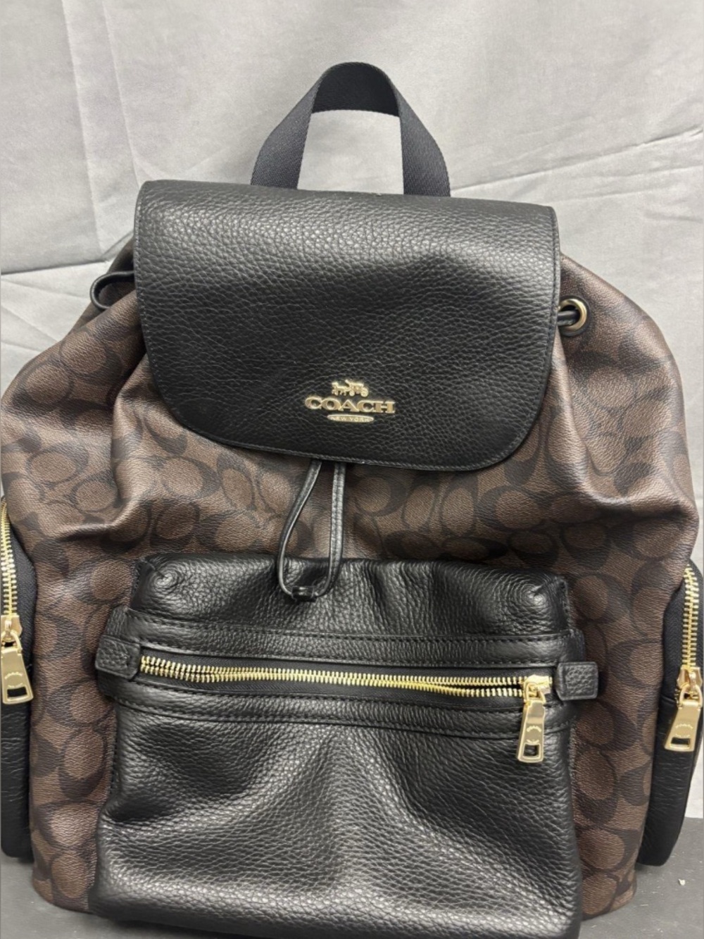 Coach Brown Signature Canvas Backpack with Black Leather Trim